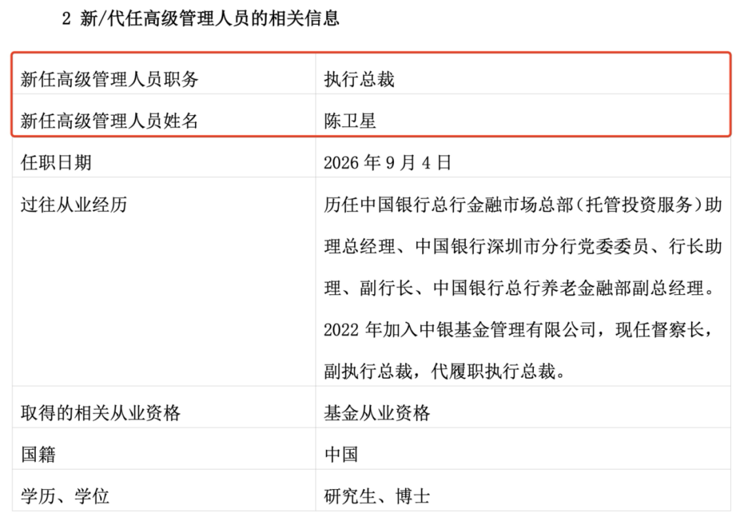 官宣！7000亿级基金公司中银基金新总裁定了	，陈卫星出任！